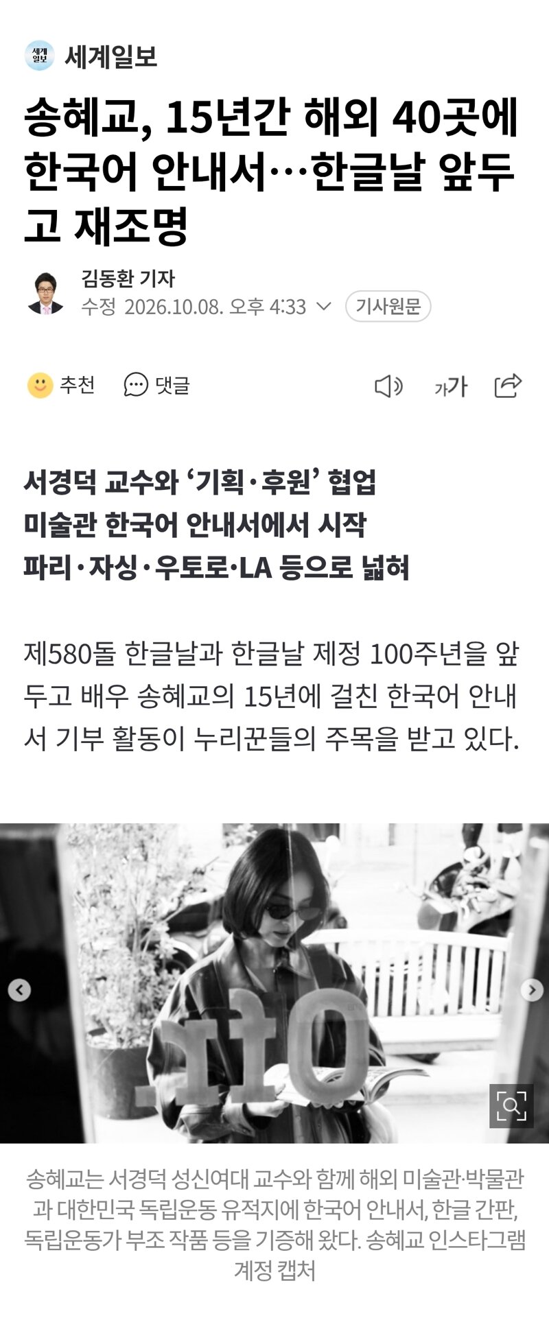 송혜교, 15년간 해외 40곳에 한국어 안내서…한글날 앞두고 재조명