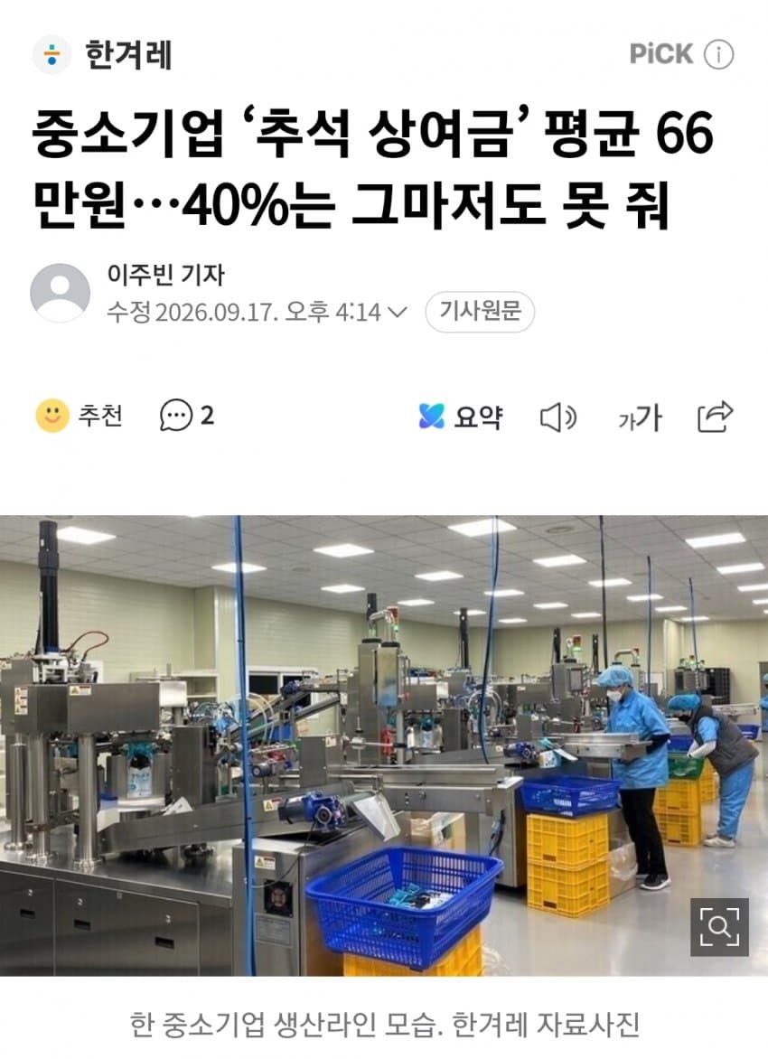 중소기업 ‘추석 상여금’ 평균 66만원…40%는 그마저도 못 줘 (2)