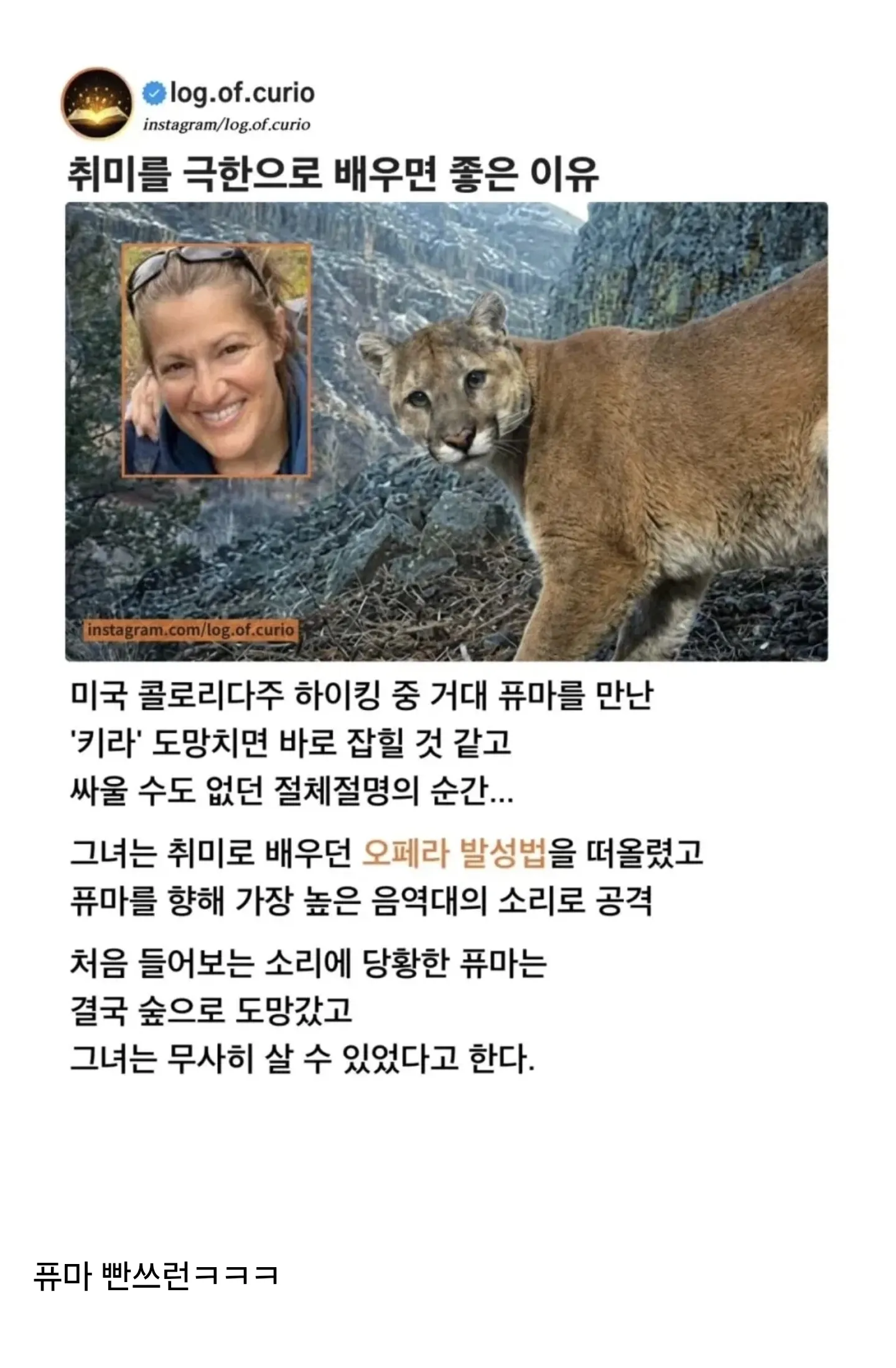 취미로 맹수를 물리친 여성