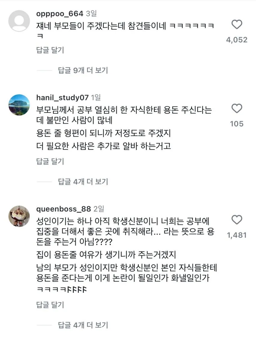 대학생들 용돈 논란