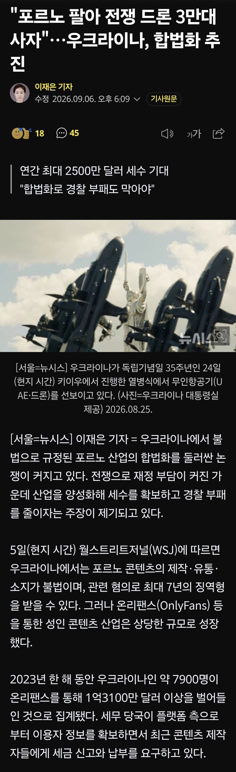 "포르노 팔아 전쟁 드론 3만대 사자"…우크라이나, 합법화 추진