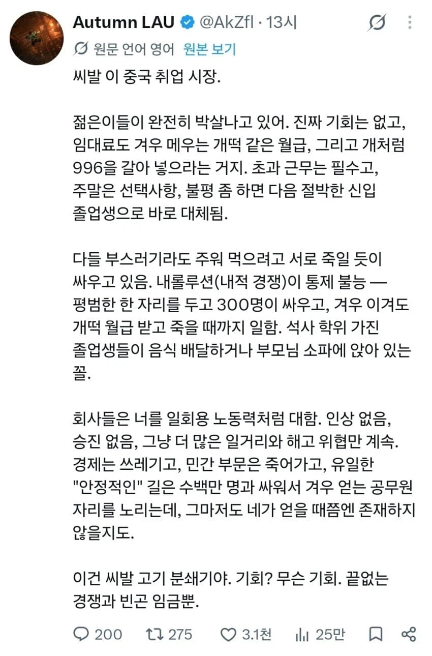 현재 심각한 정도를 넘었다는 중국내 취업 상황.