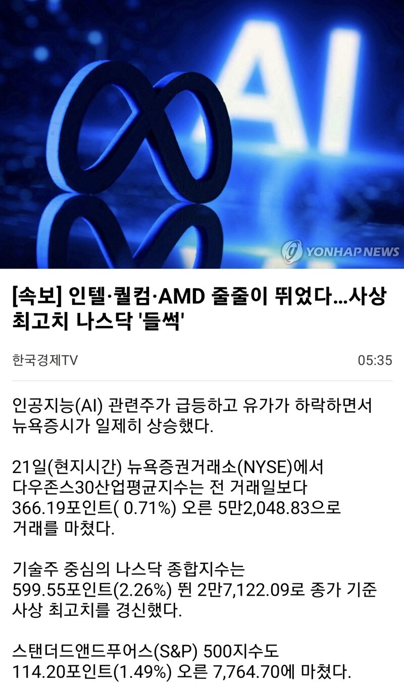 인텔·퀄컴·AMD 줄줄이 뛰었다…사상 최고치 나스닥 '들썩'