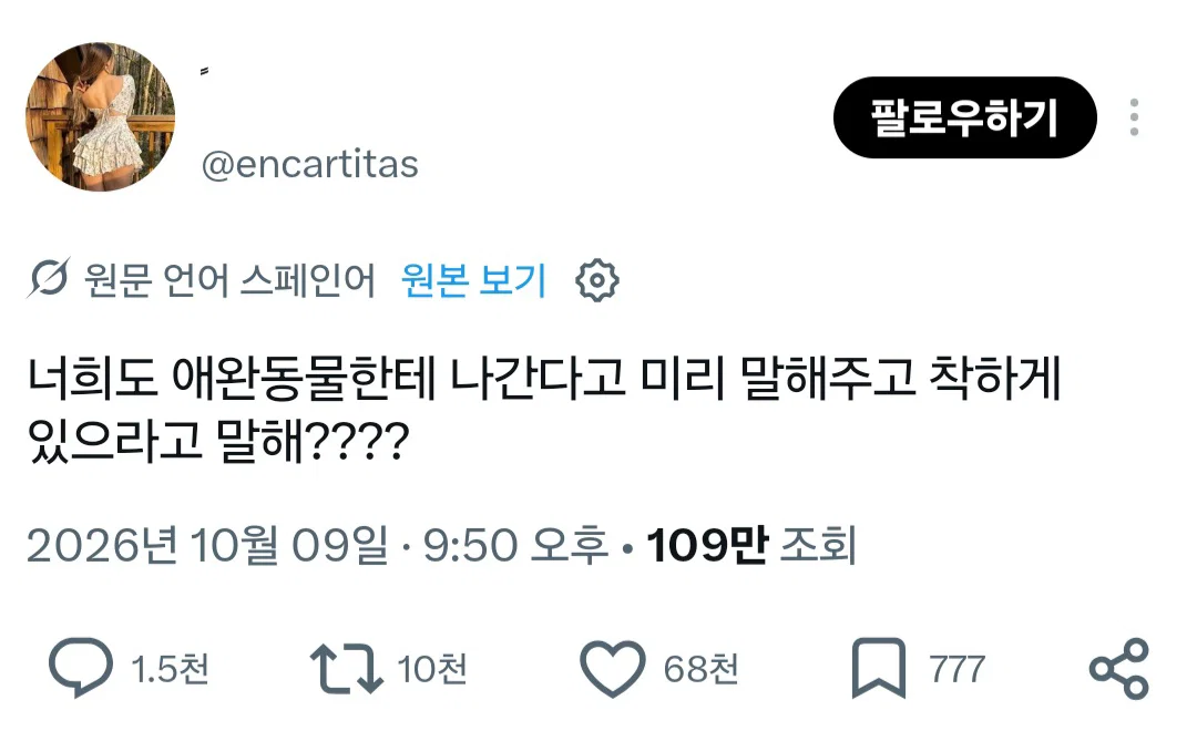 너희도 반려동물한테 나간다고 미리 말해주고 착하게 있으라고 말해????
