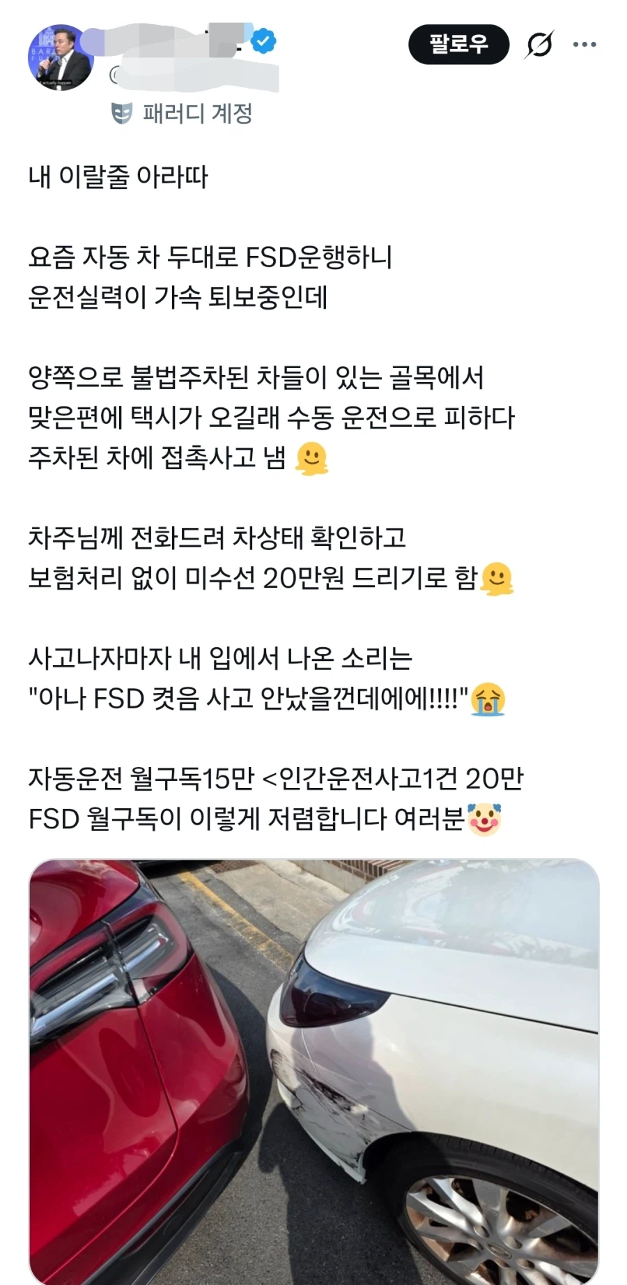 FSD 때문에 사고 났다는 테슬람