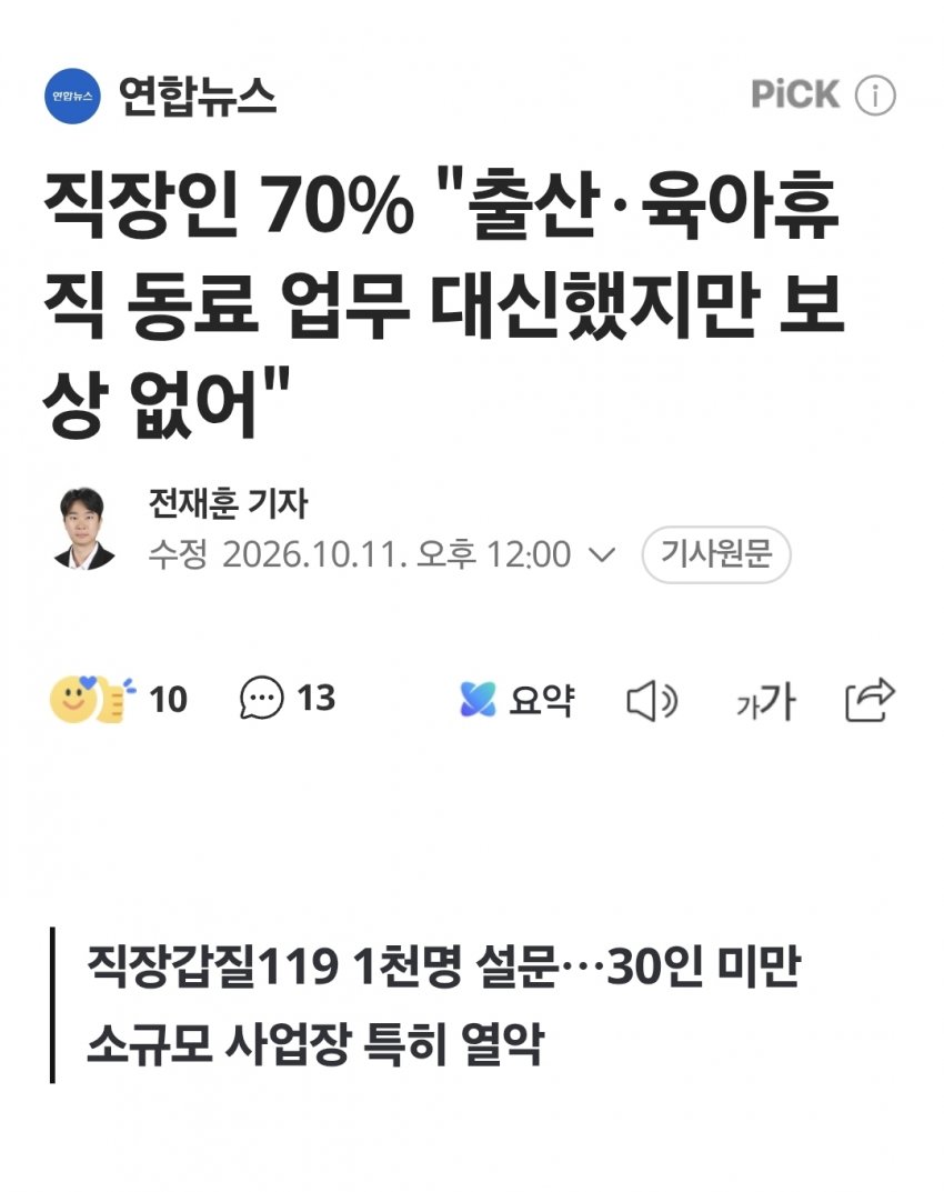 직장인 70% "출산·육아휴직 동료 업무 대신했지만 보상 없어" (2)