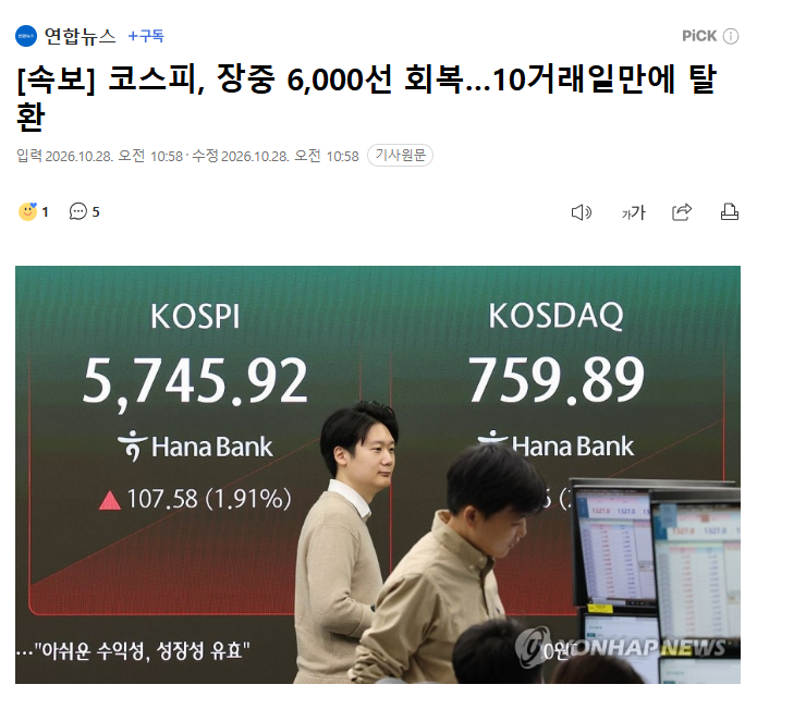 [속보] 코스피, 장중 6,000선 회복