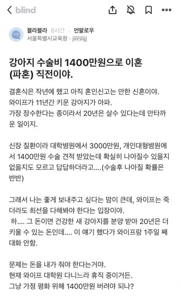 수술비 1400만원 때문에 이혼할거 같다는 블라인…