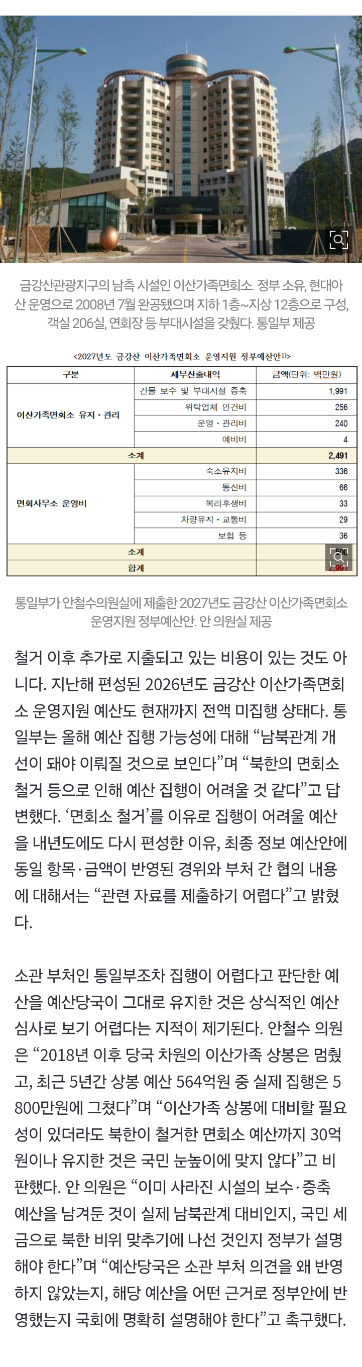 [단독] 북한이 없앤 이산가족면회소 운영에 30억 예산 편성한 통일부 (2)