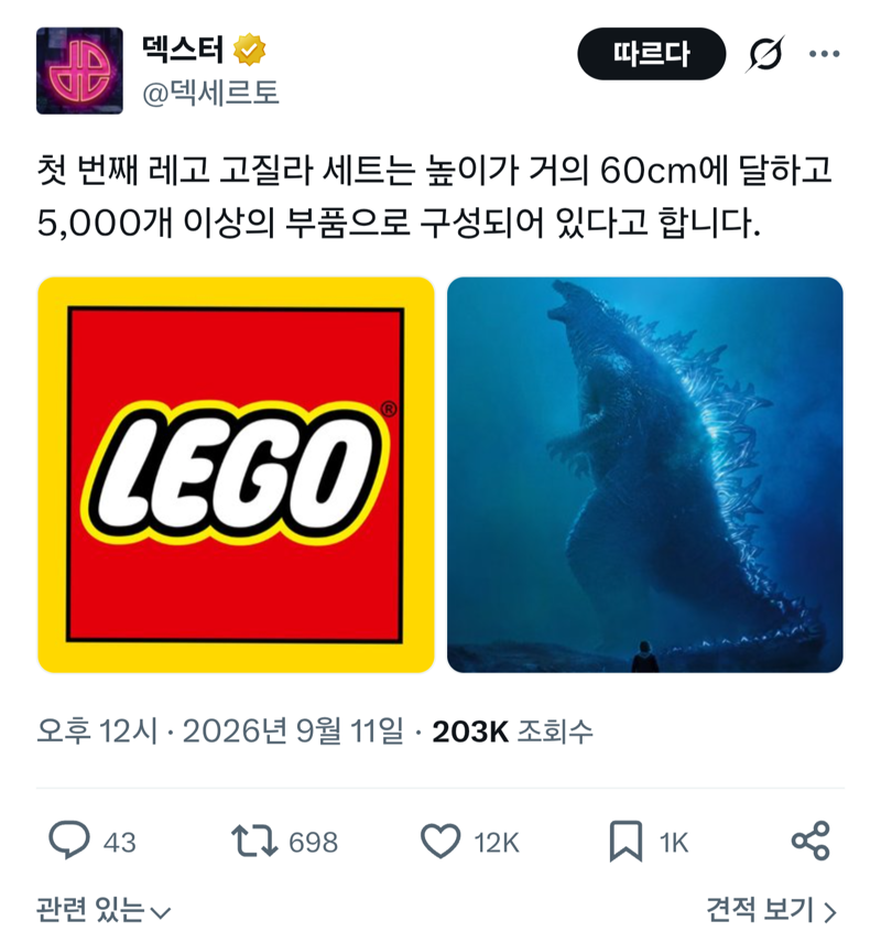 첫번째 레고 고질라 세트=> 높이 60cm, 5000개 이상 부품으로 구성