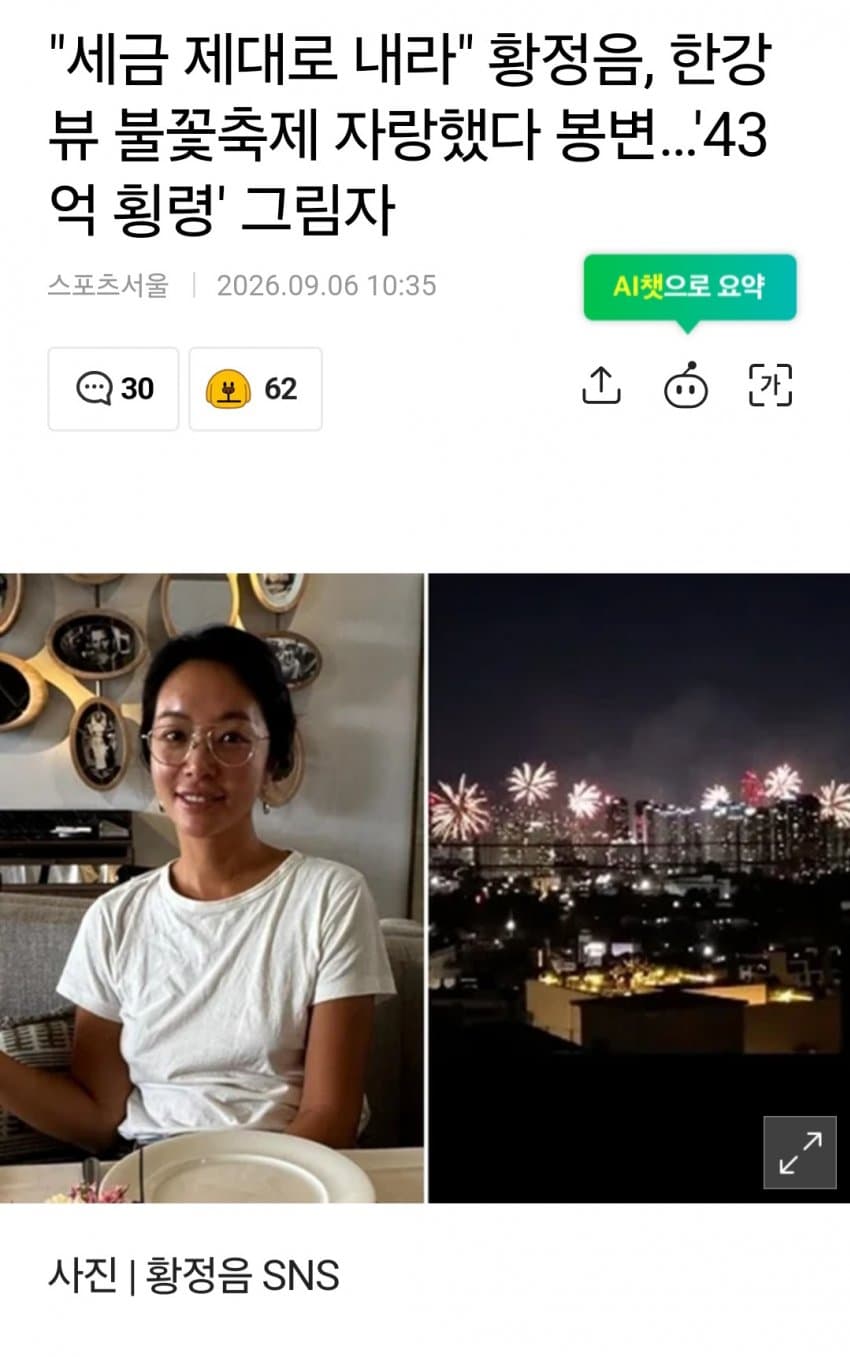 황정음 한강뷰 불꽃축제 자랑했다 봉변..