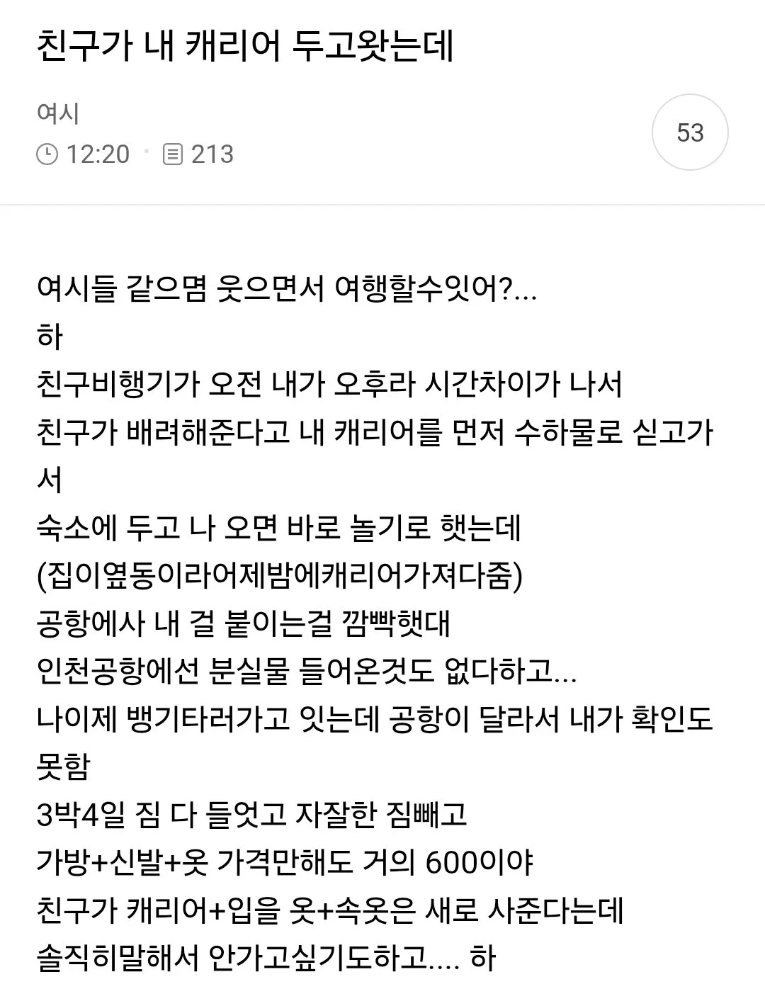 친구가 내 캐리어 두고왔는데