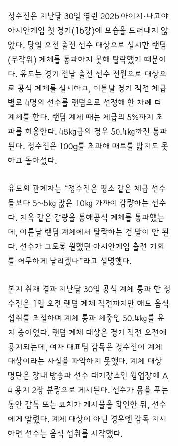 밥 먹어” 감독 지시 따랐다…유도 정수진, 계체 탈락 폭로 (7)