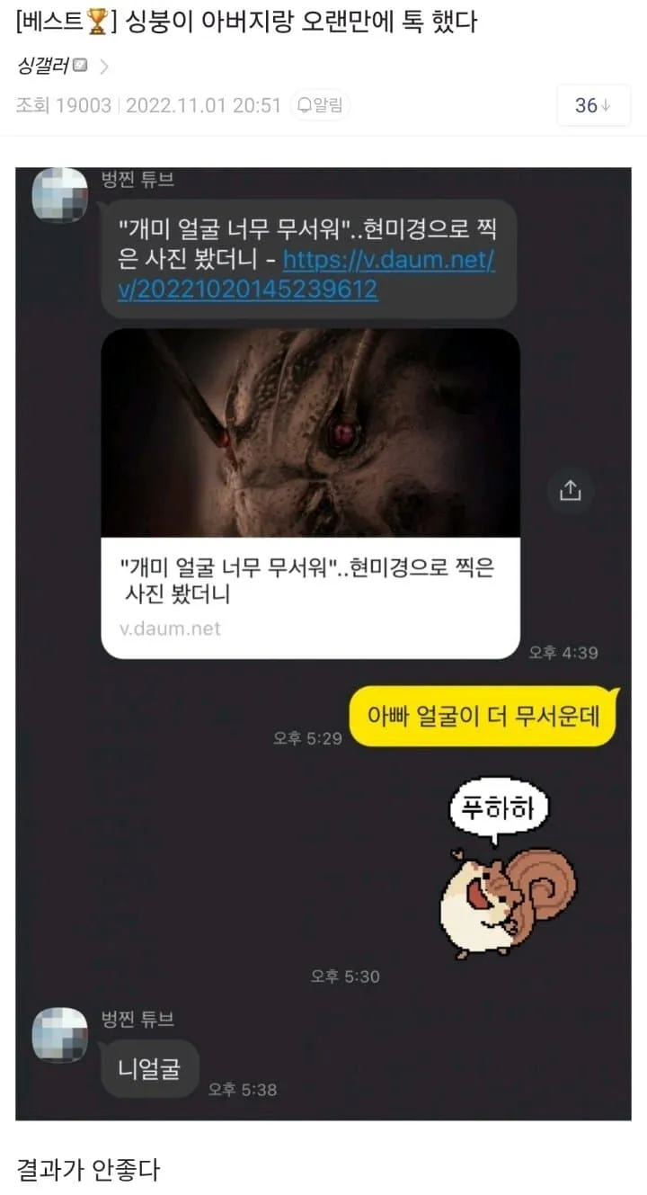 아빠랑 오랜만에 카톡한 디씨인