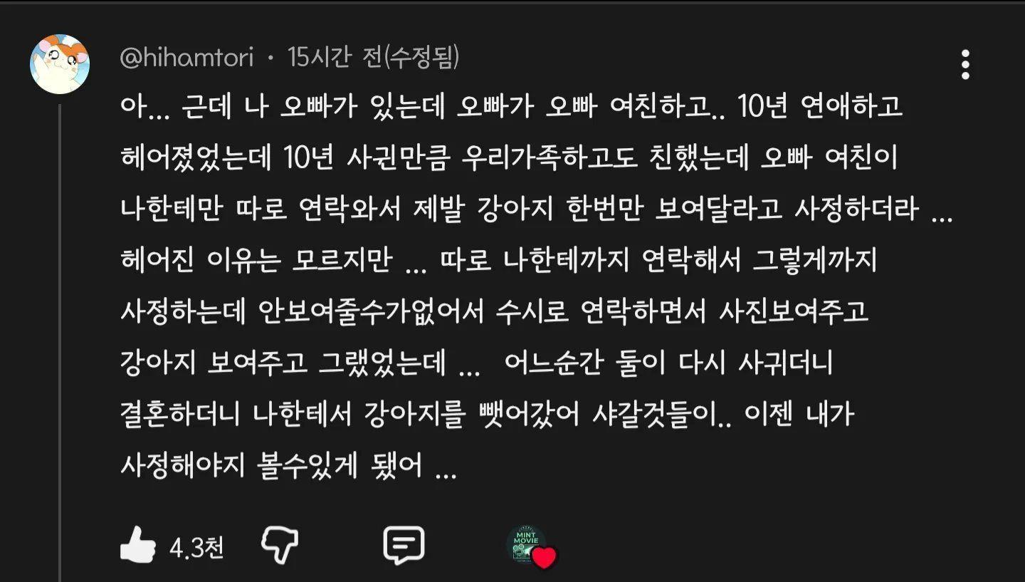 친오빠가 10년 사귀었던 전여친이 나한테 따로 연락한 이유