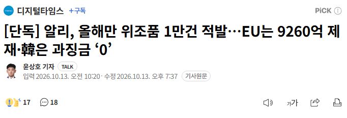 알리, 올해만 위조품 1만건 적발…EU는 9260억 제재·韓은 과징금 ‘0’