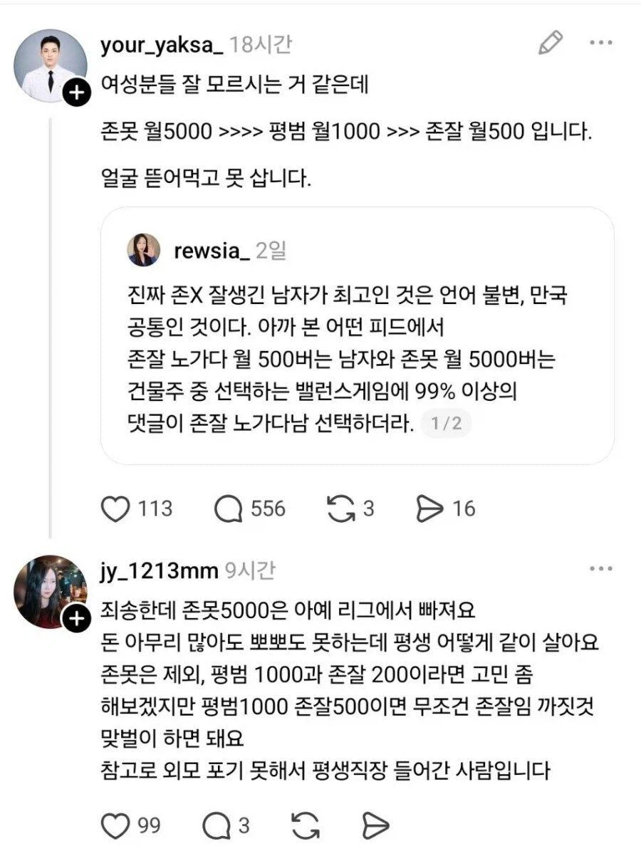 존못 월 5000 vs 존잘 월 500