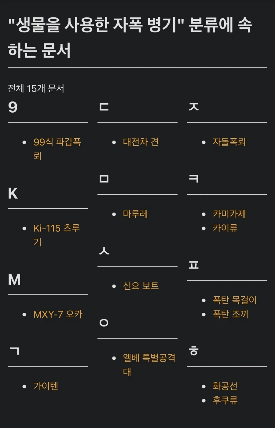 꺼무위키엔 생체 자폭병기 카테고리가 있음