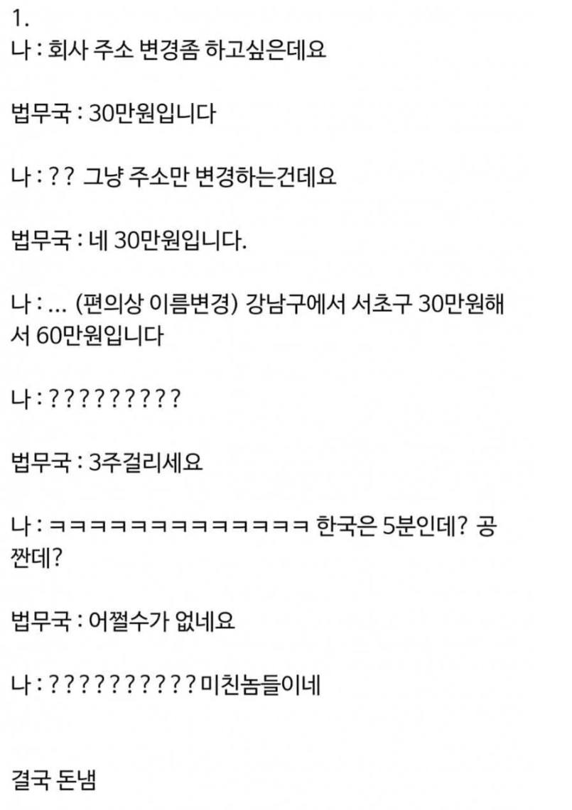 문구: '1. 나: 회사 주소 변경좀 하고싶은데요 법무국: 30만원입니다 나:?? 그냥 주소만 변경하는건데요 법무국 네 30만원입니다. 나:... (편의상 이름변경) 강남구에서 서초구 30만원해 서 60만원입니다 나:????????? 법무국: 3주걸리세요 나: ㅋㅋㅋㅋㅋㅋㅋㅋㅋㅋㅋㅋㅋ 한국은 5분인데? 공 짠데? 법무국: 어쩔수가 없네요 나???????????미친놈들이네 |친놈들이네 결국 돈냄'의 이미지일 수 있음