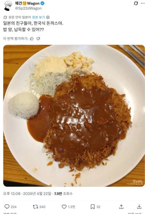 한국 돈까스 밥에 대한 일본인들 반응