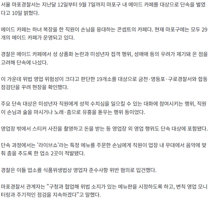 메이드 카페 2곳 적발…성상품화 변질 우려로 단속 시행 (2)