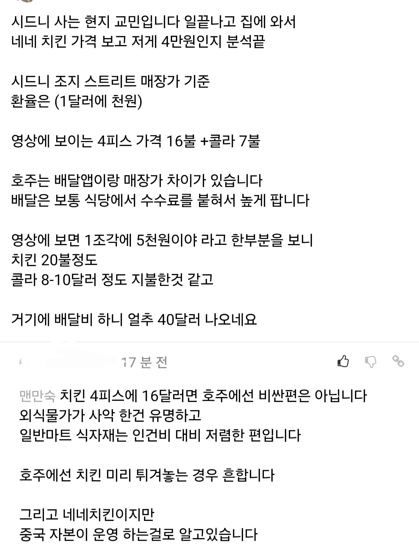 호주 네네치킨 배달후기
