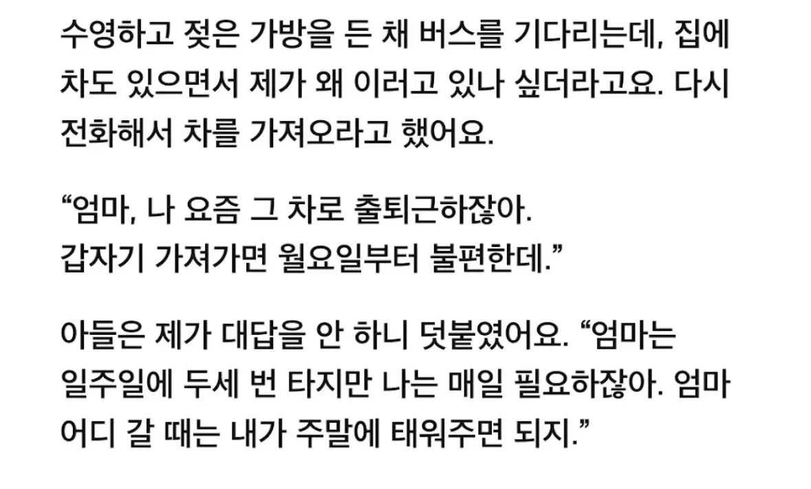 제 차를 돌려달랬더니 아들이 자기 출근은 어떡하냐고 묻더군요. (3)