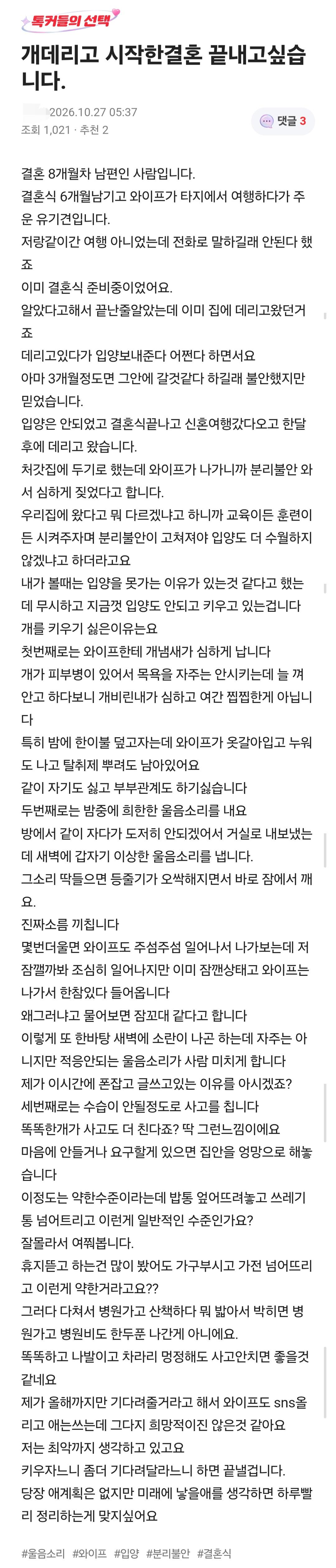 개 데리고 시작한 결혼 때문에 괴로운 남편