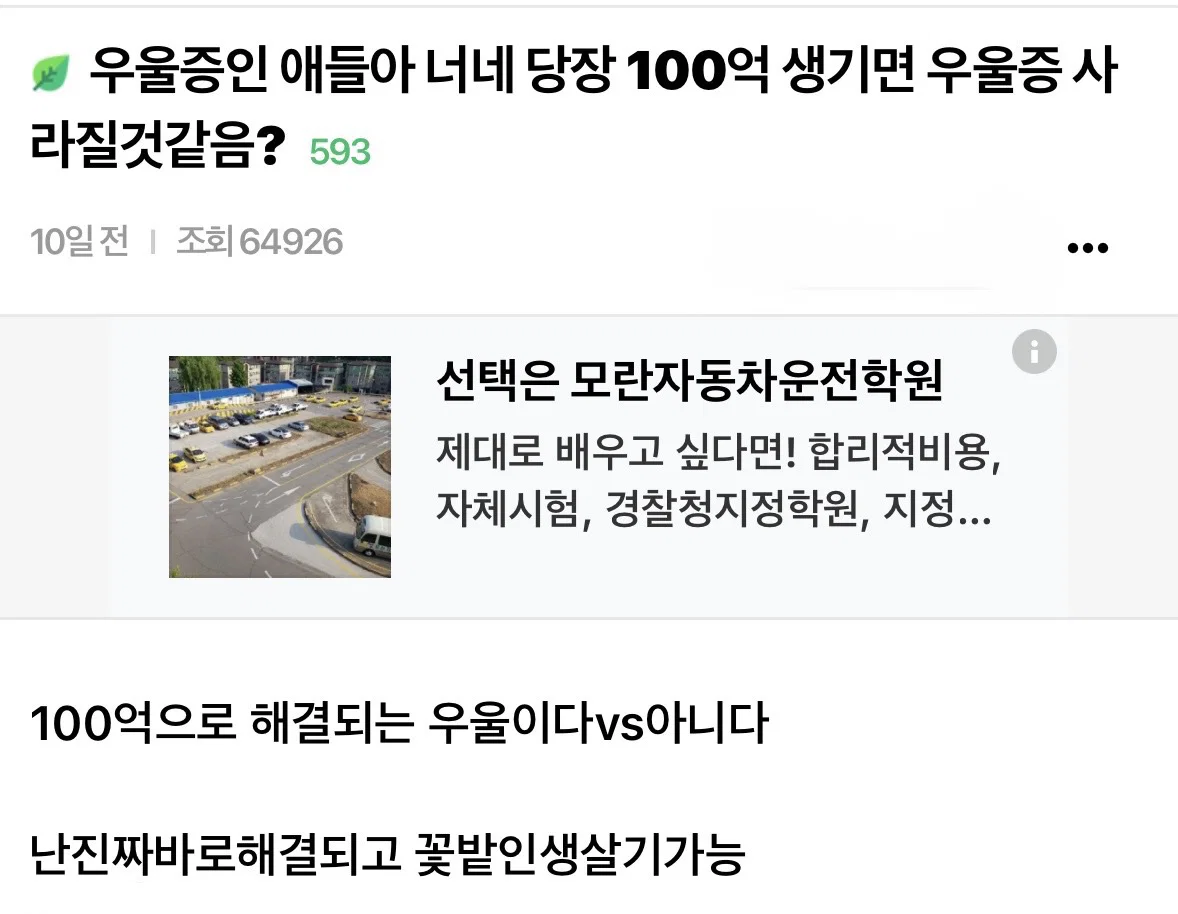 당장 100억 생기면 우울증 사라질것같음?