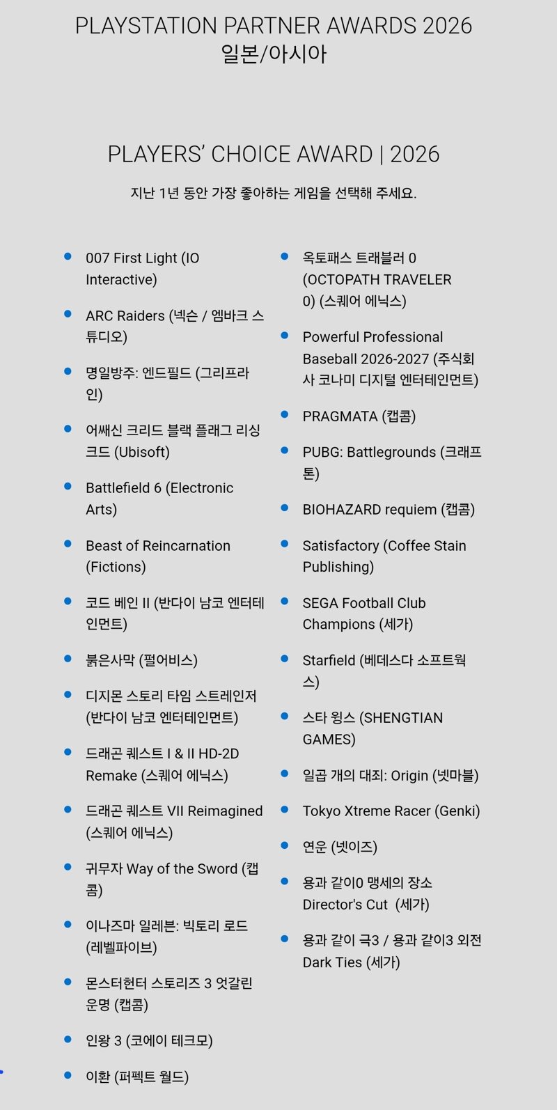 PLAYSTATION PARTNER AWARDS 2026 일본/아시아 투표시작