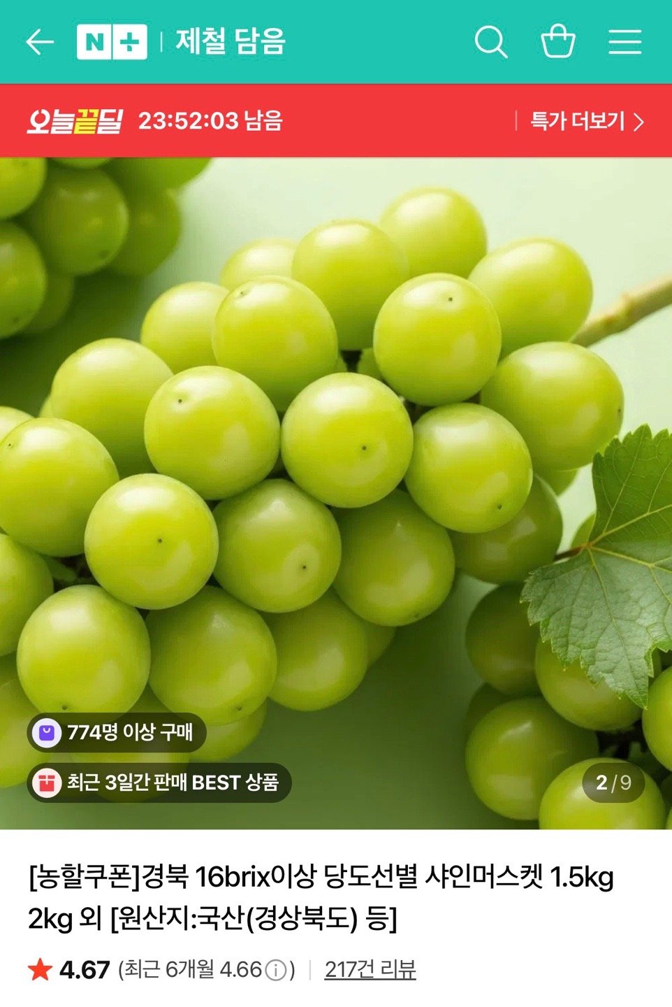 당도선별 샤인머스켓 4kg(4-5)수 특품