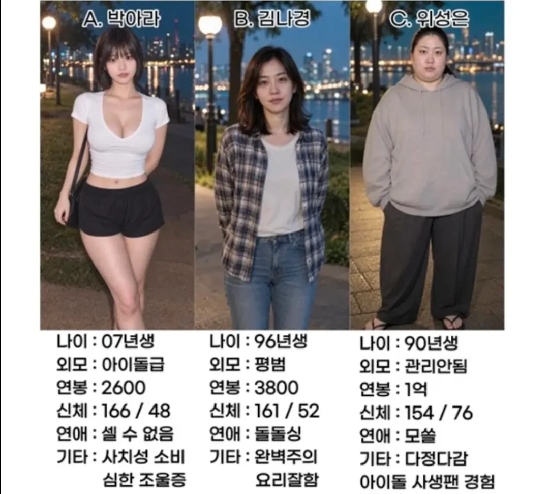 여기 3명의 여성 중 한사람이랑 결혼해야됨