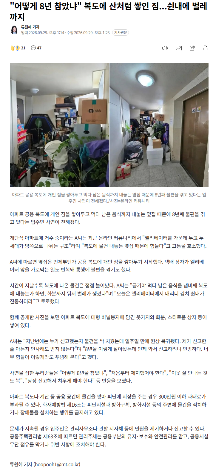 복도에 산처럼 쌓인 짐… 쉰내·벌레에 "8년 참았다"