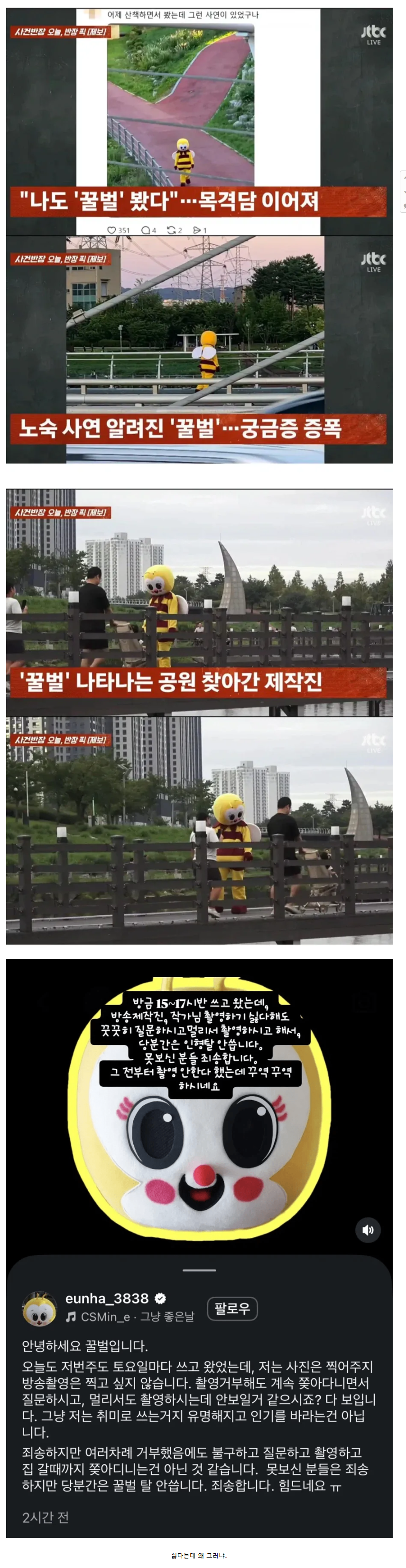 JTBC 사건반장 촬영 싫다는 꿀벌 인형탈 억지로 찍어 내보냄
