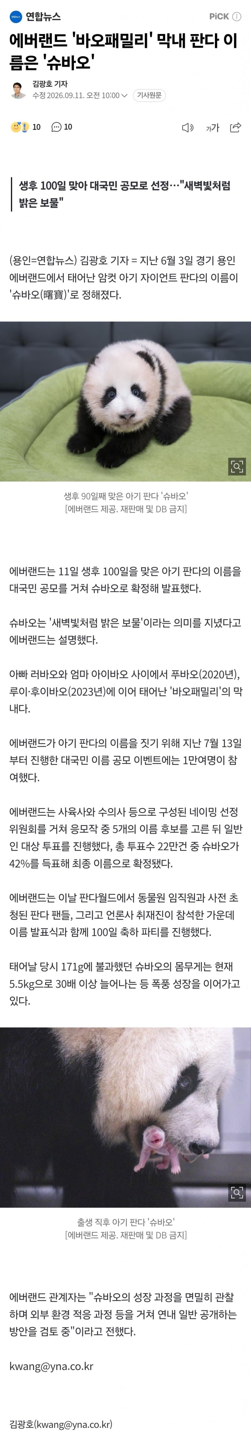 속보) 에버랜드 '바오패밀리' 막내 판다 이름은 '슈바오'