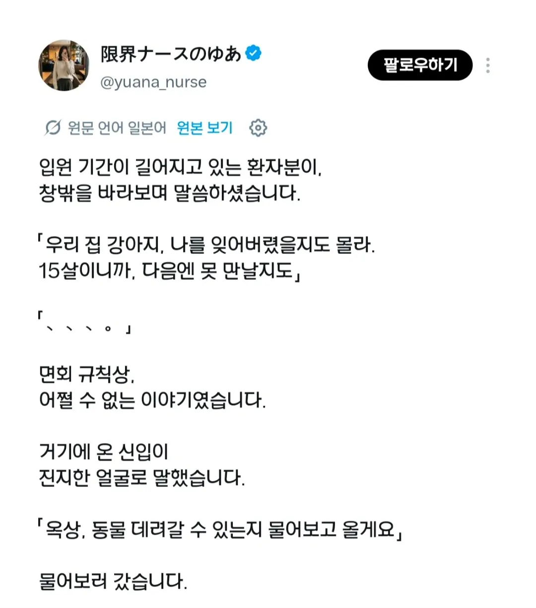 입원 기간이 길어지던 환자, 우리 강아지가 15살인데...