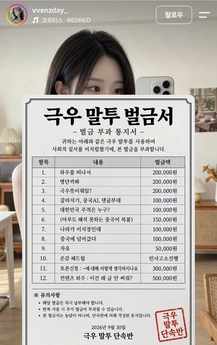 현재 여초에서 매우 핫한 반응의 ..극우말투벌금표..