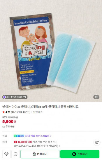 [네이버] 붙이는 아이스 쿨패치(2개입)x30개 쿨링패치 해열시트