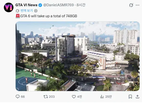 GTA6 총 용량이 748기가라고?
