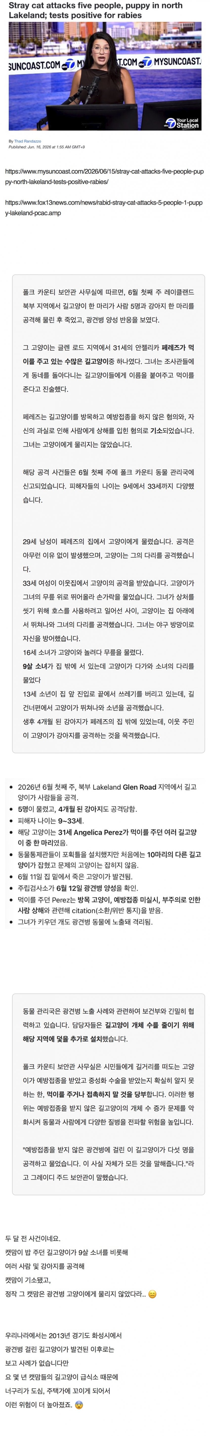 광견병 길고양이가 5명의 사람과 강아지를 공격해서 캣맘을 기소