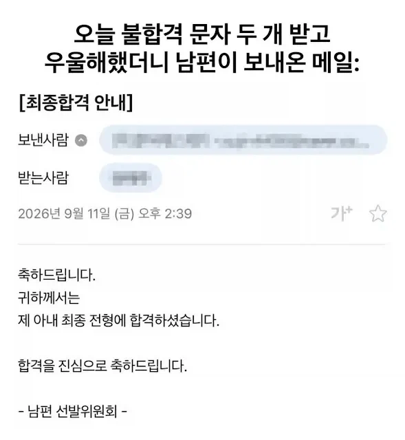 면접 2번 탈락한 아내한테 남편이 보낸 메일...