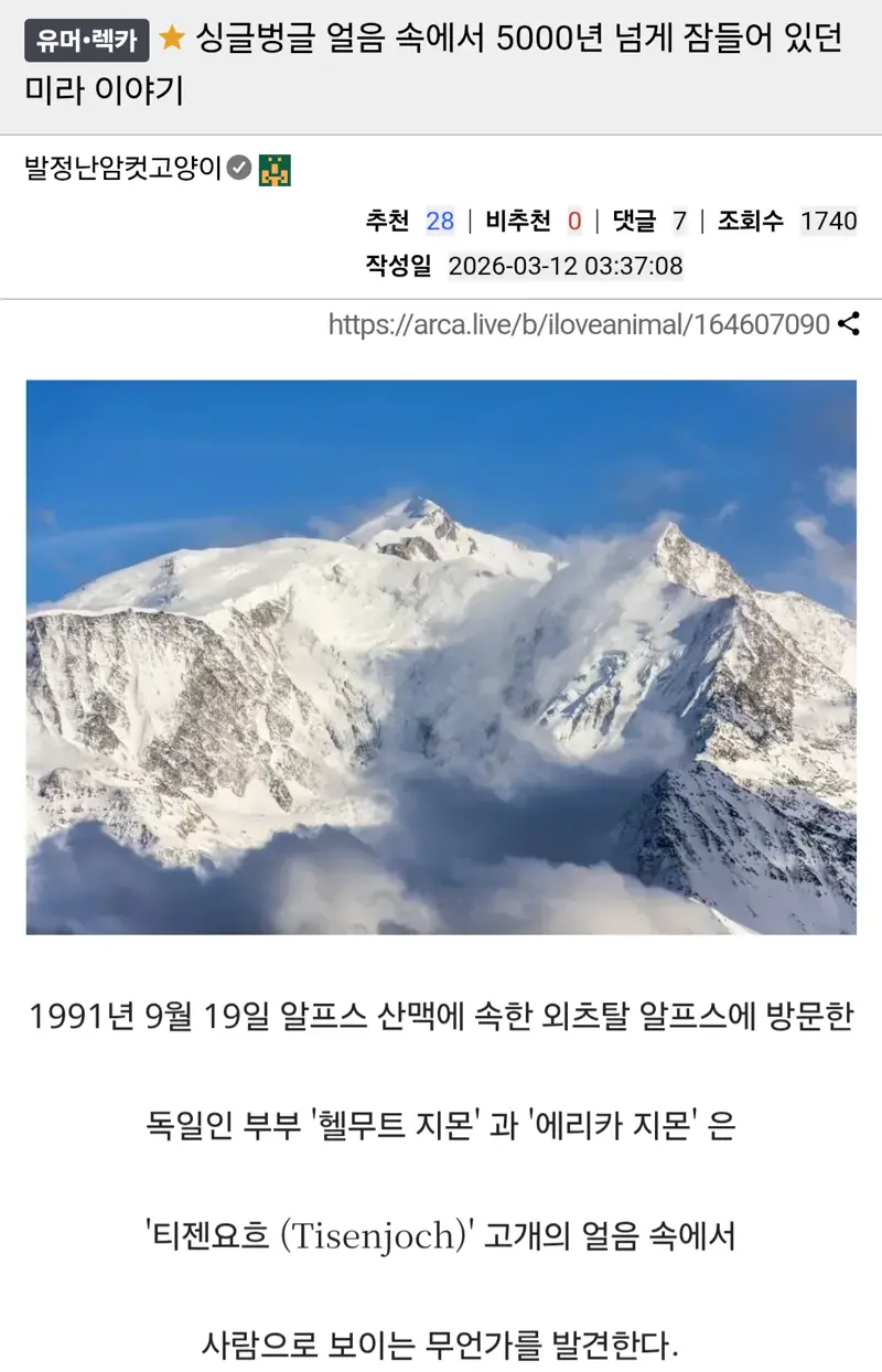 약혐?) 얼음 속에서 5000년 넘게 잠들어 있던 미라 이야기