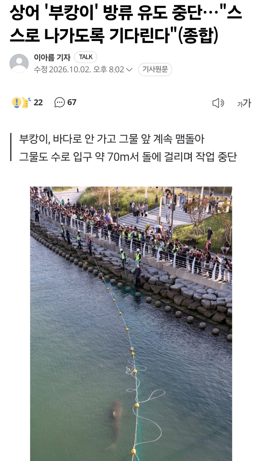 부산 상어, 부캉이 방류 유도 중단
