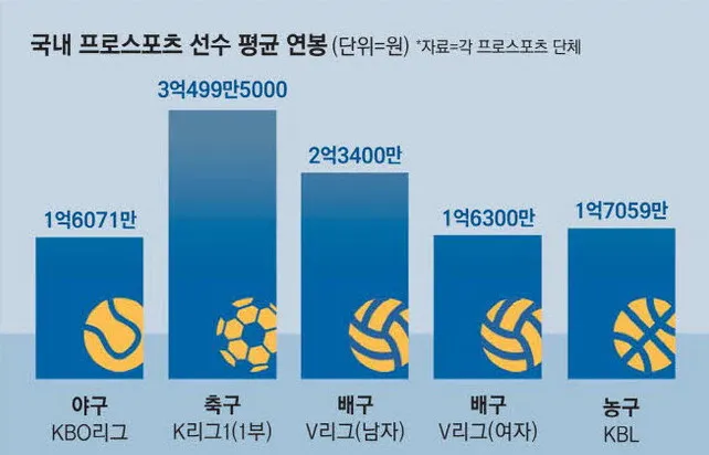 의외라는 한국 프로스포츠 리그별 평균 연봉