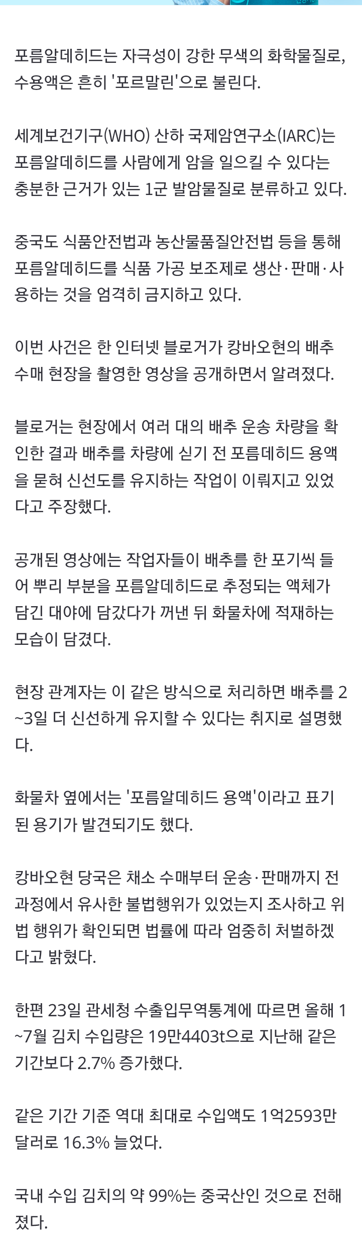 중국 배추 시신 보존제 발암물질 범벅…한국'중국산 김치'수입량 역대 최대 (2)