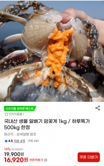 [지마켓] 국내산 생물 알배기 암꽃게 1kg