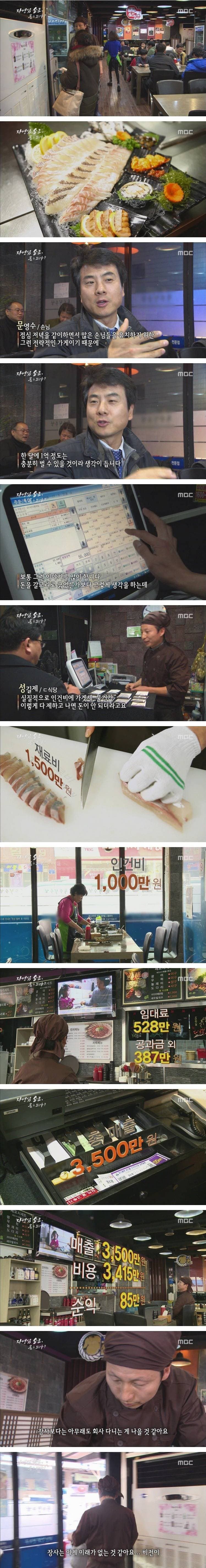 훌쩍훌쩍 매출이 3,500만원인데 남는게 없다는 횟집사장