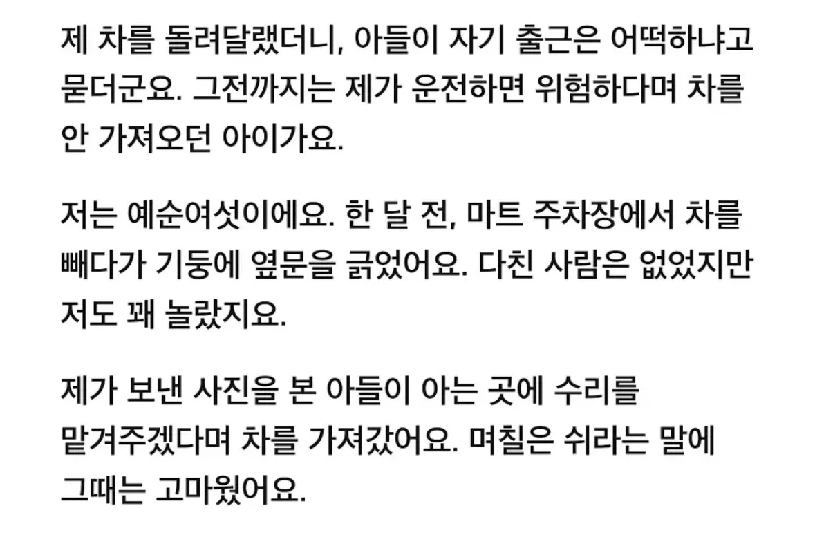 제 차를 돌려달랬더니 아들이 자기 출근은 어떡하냐고 묻더군요.