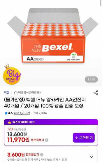 [지마켓] 벡셀 더뉴 AA 건전지 40개입