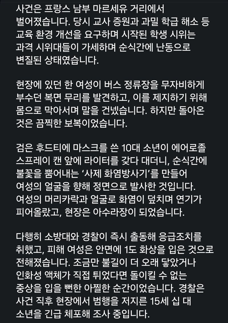 기물파손 말렸다는이유로 얼굴에 화염스프레이 쏜 10대 폭도